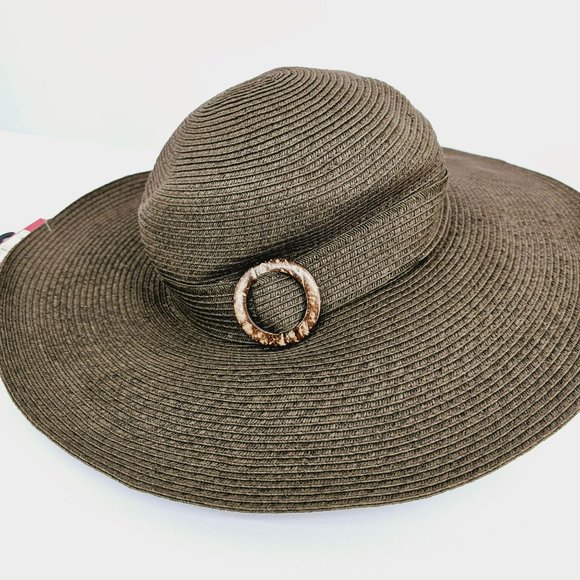 Merona Hat Floppy Brown Sun Side Buckle One Side Paper Blend Outdoor Beach New - Picture 7 of 12